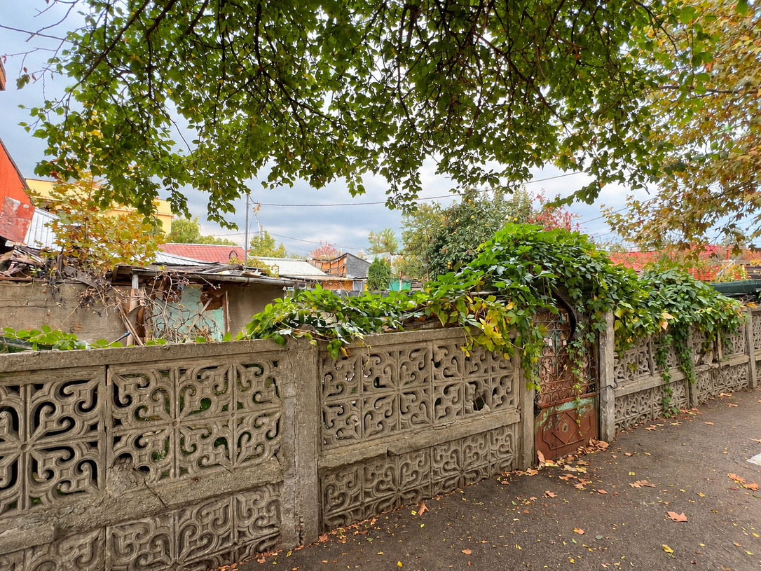 Curte suburbană cu gard decorativ și iederă.jpg