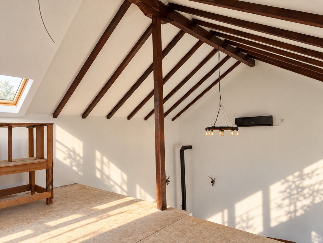 Loft rustic cu grinzi și luminator.jpg